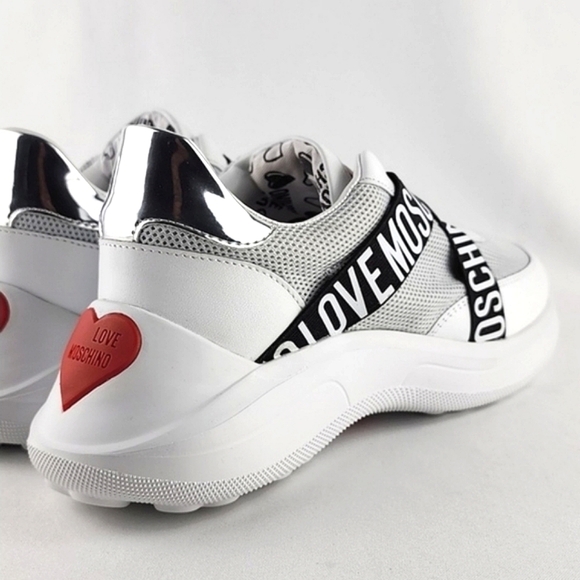 LOVE MOSCHINO Logo Women's White Chunky Slip On Sneakers Leather Logo Band Sz 38 - Picture 9 of 16